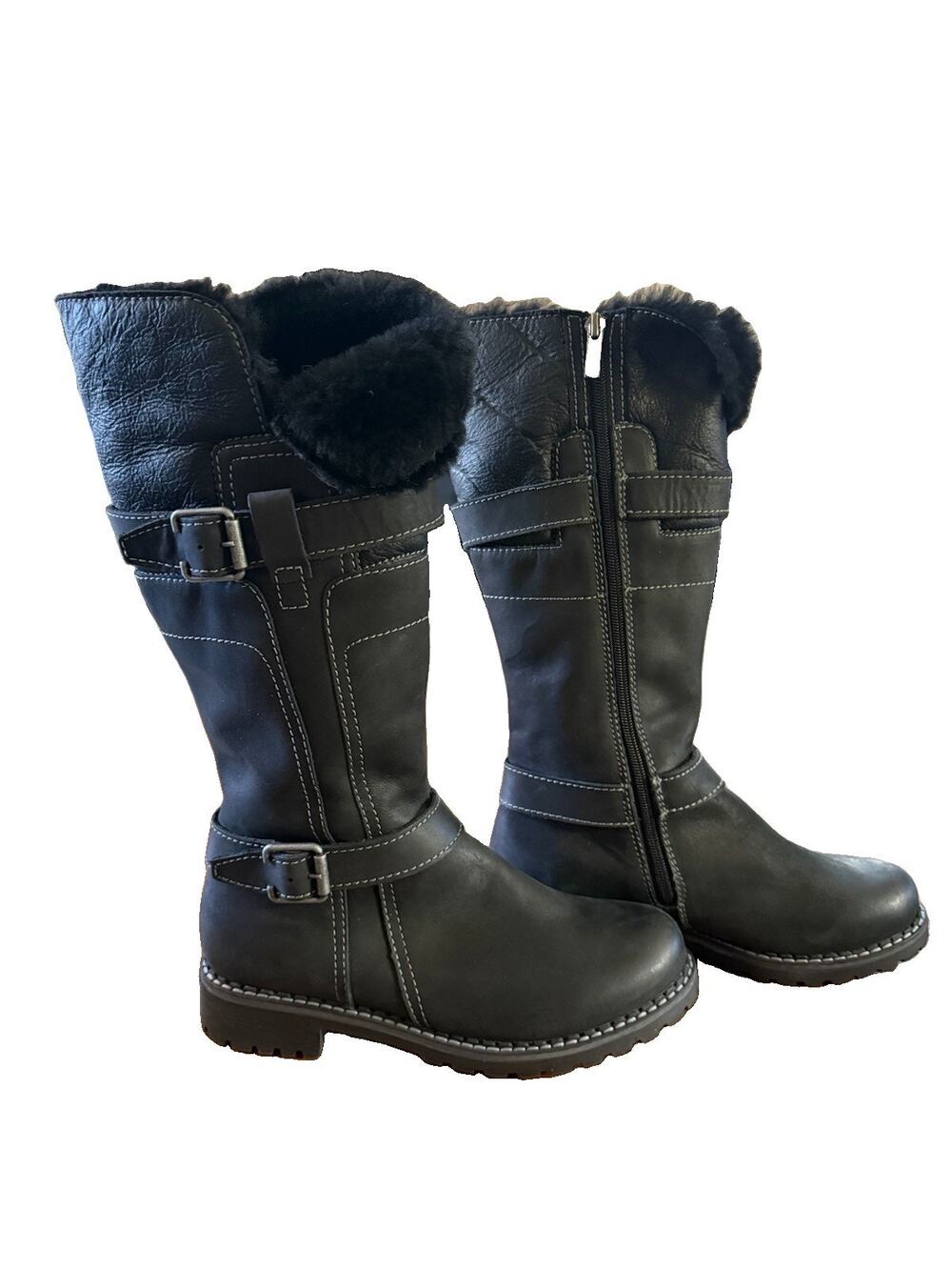 V-Italia Alps Black Leather Shearling Mid Calf Winter Boots Women Sz 6.5 US 37EU